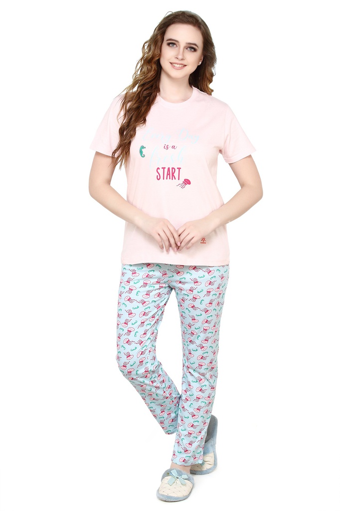 evolove Peach Puree Round Neck Sea Print Women's (Pajama set), (Peach &amp; Air Blue)