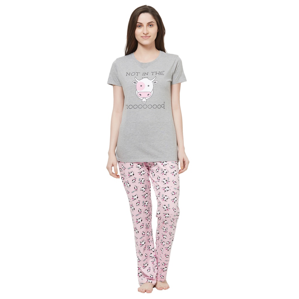 Evolove by pdpm Women's Hosiery cotton Half Sleeve T-shirt &amp; Printed  Pajama Set / Night suit / Lounge wear (Colour - Gey &amp; Printed  Pink)