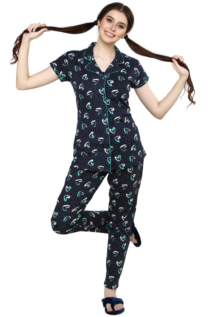 Evolove Women's Cotton Button Night Suit (Colour Blue with big hearts print) Pajama set Get Free Eye Mask Inside