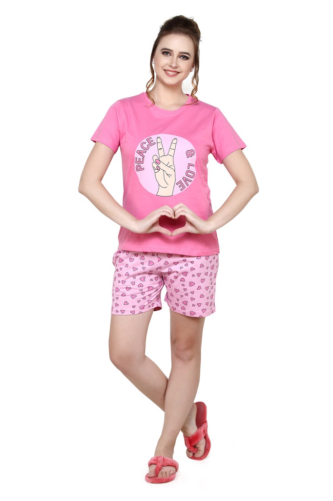 evolove Women's Knitted Hearts print nightsuit (Shorts set) Get free eyemask inside, Pink