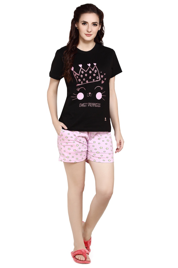 evolove Women's Hosiery Cotton Jet Black Round Neck Crown Printed (Shorts set)  of any design (Jet Black