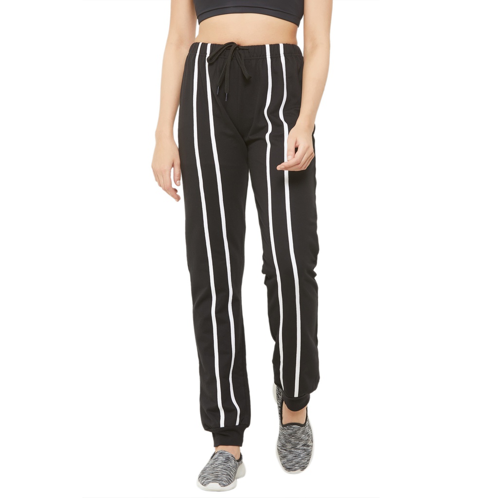 evolove Women's Jogger Stretchable Casual Trousers Ladies/Girls Cotton lycra/Track Pants/Joggers, Work Out, Sports &amp; Casual wear (Black with white stripes)