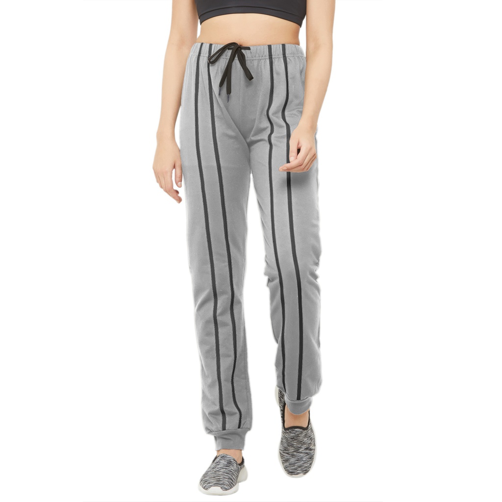 evolove Women's Jogger Stretchable Casual Trousers Ladies/Girls Cotton lycra/Track Pants/Joggers, Work Out, Sports &amp; Casual wear (Grey with Black stripes)