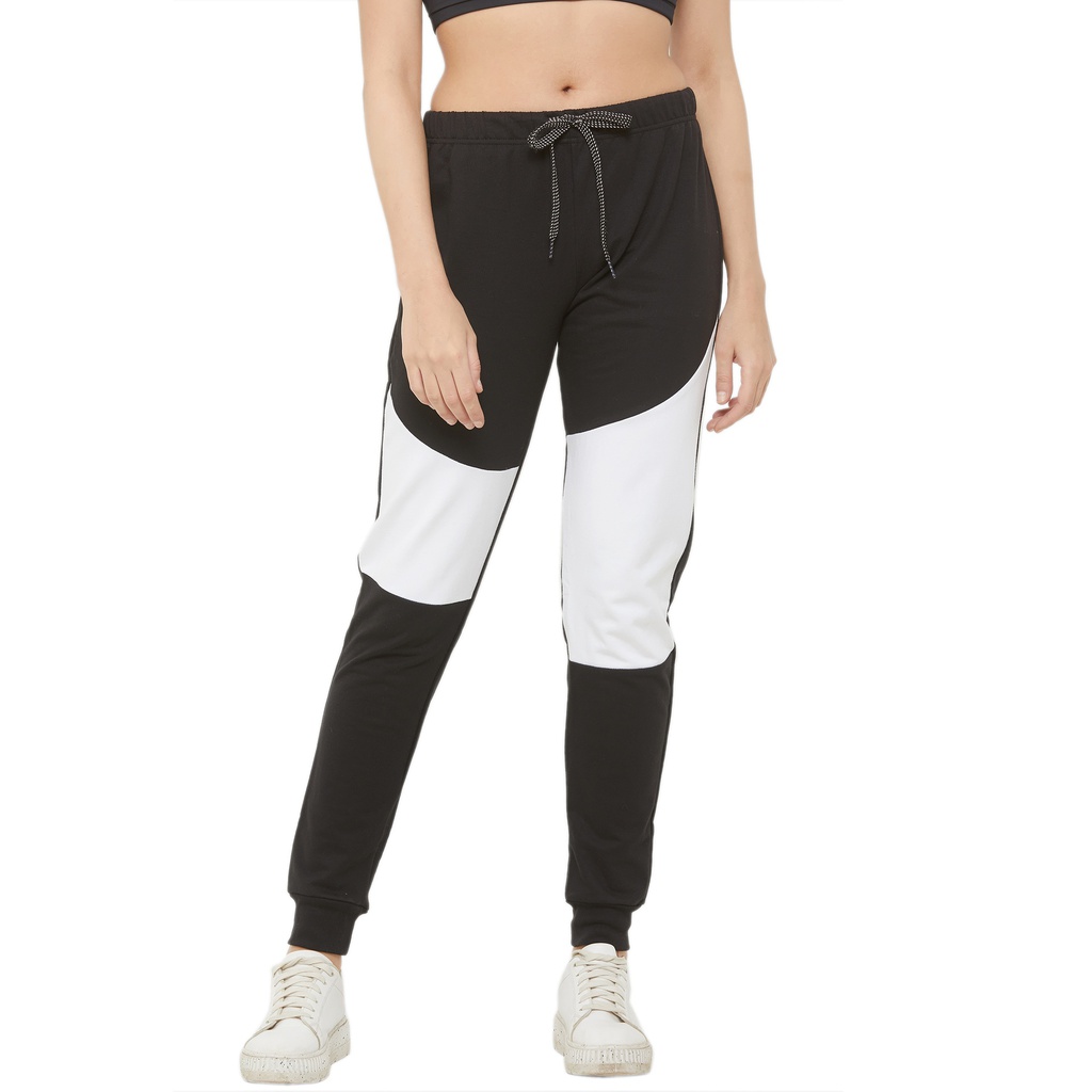 evolove Women's Jogger Stretchable Casual Trousers Ladies/Girls Cotton lycra/Track Pants/Joggers, Work Out, Sports &amp; Casual wear (Black with white Swoosh)