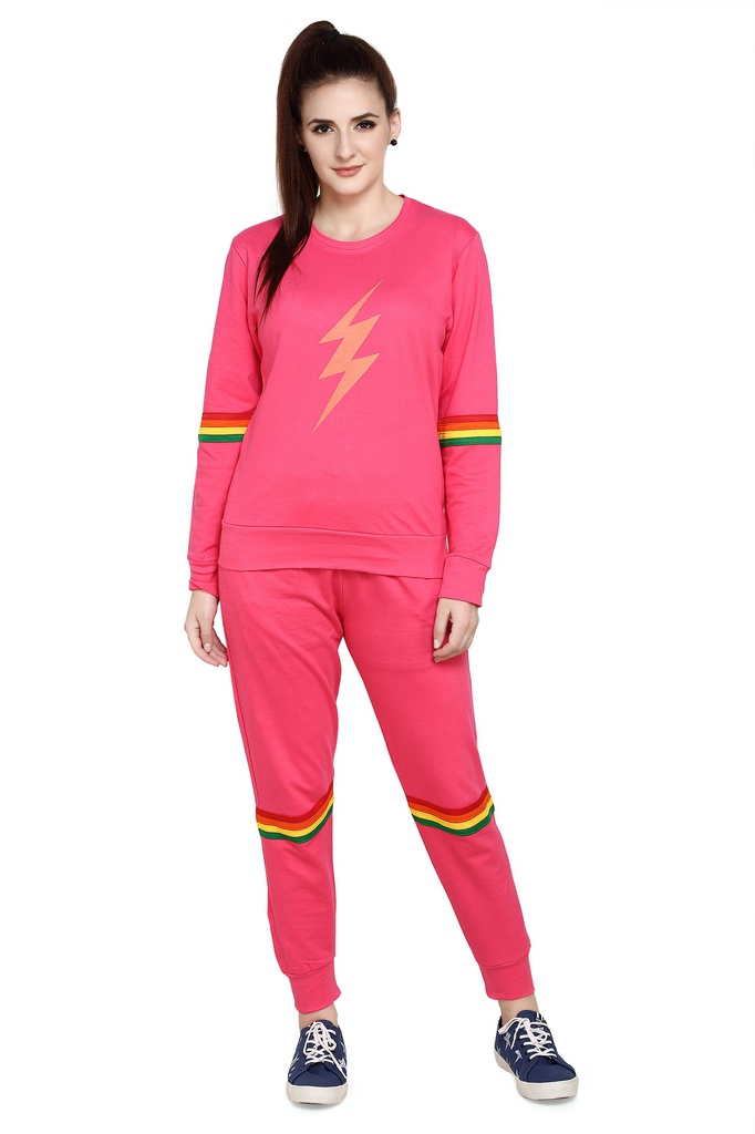 evolove Women's Fushia Night Suit / Pyjama Set / Track Suit With Coloured Stripes Super Comfortable/ Trendy coloured stripes/ Full sleeve/ Horizontal stripes (Size -)_WTSKLY1394FA