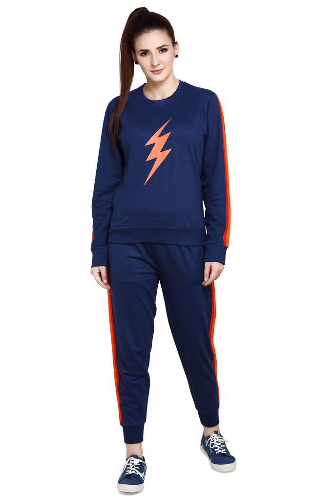 evolove Women's Net Navy Track Suit With Coloured Stripes Super Comfortable/ Trendy coloured stripes/ Party wear/ Full sleeve/ Vertical stripes