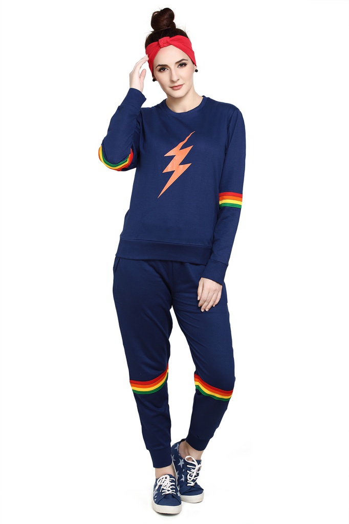 evolove Women's Net Navy Track Suit With Coloured Stripes Super Comfortable/ Trendy coloured stripes/ Party wear/ Full sleeve/ Horizontal strripes