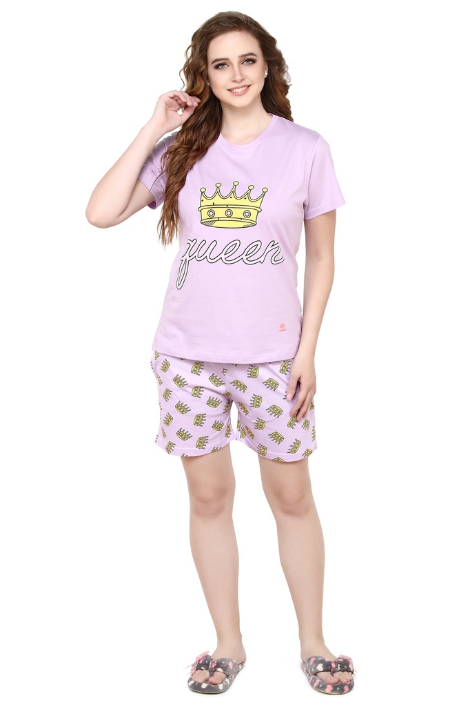 evolove Lilac Sachet Round Neck Crown &amp; Queen print Women's (Shorts set), (Lavender)