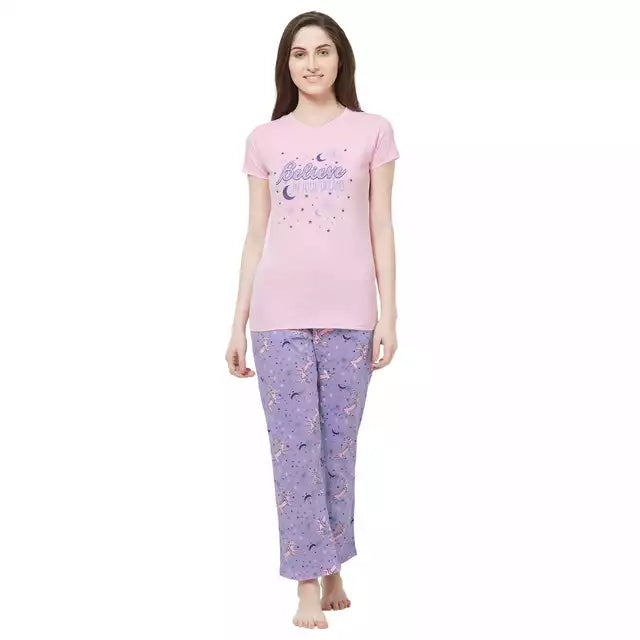 Evolove by pdpm Women's Hosiery cotton Half Sleeve T-shirt &amp; Printed  Pajama Set / Night suit / Lounge wear (Colour - Dark Pink &amp; Printed  Lavender)