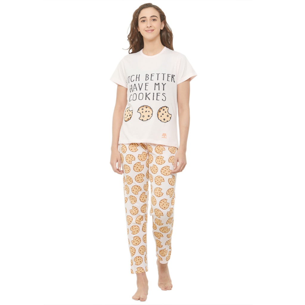 Evolove Women's Cotton Cookie Print Night Suit (Colour - Cream) Pajama set Get Free Eye Mask Inside