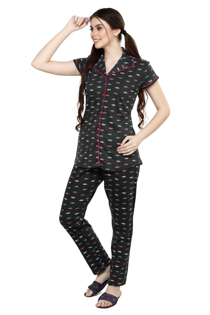 Evolove Women's Cotton Button Night Suit (Colour Grey-Grey) Pajama set Get Free Eye Mask Inside