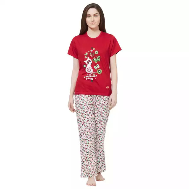 Evolove by pdpm Women's Hosiery cotton Half Sleeve T-shirt &amp; Printed  Pajama Set / Night suit / Lounge wear (Colour - Red &amp; Printed  White)