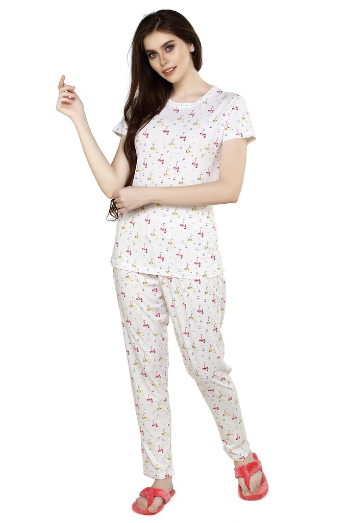 Evolove Women's Cotton Swan Print Night Suit (Colour White) Pajama set Get Free Eye Mask Inside