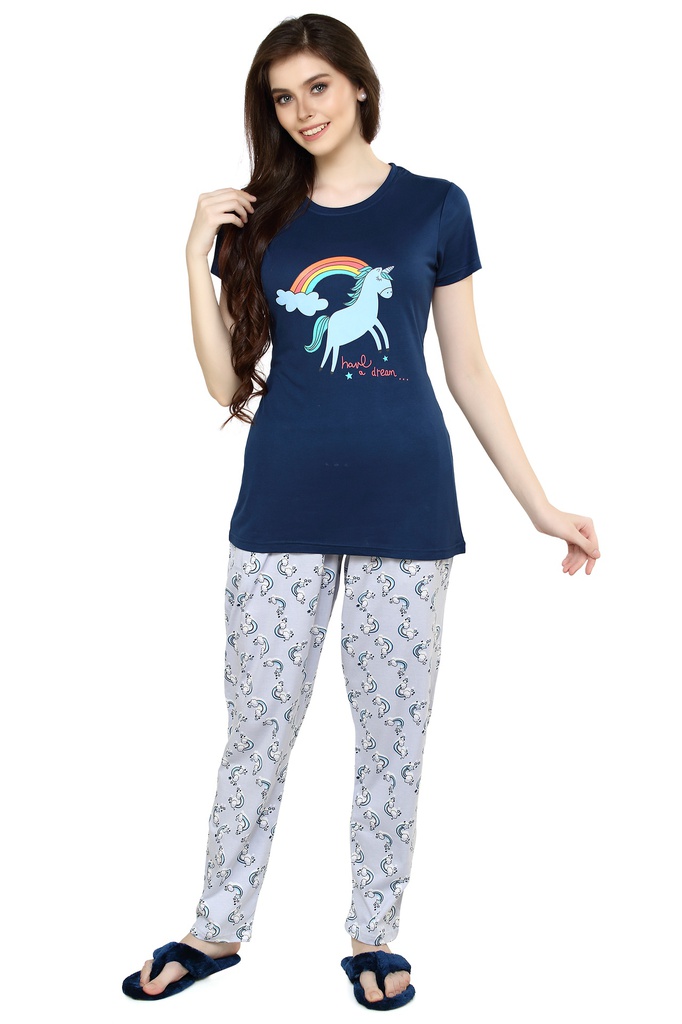 Evolove Women's Cotton Unicorn &amp; Rainbow Print Night Suit (Colour Navy-Blue) Pajama set Get Free Eye Mask Inside