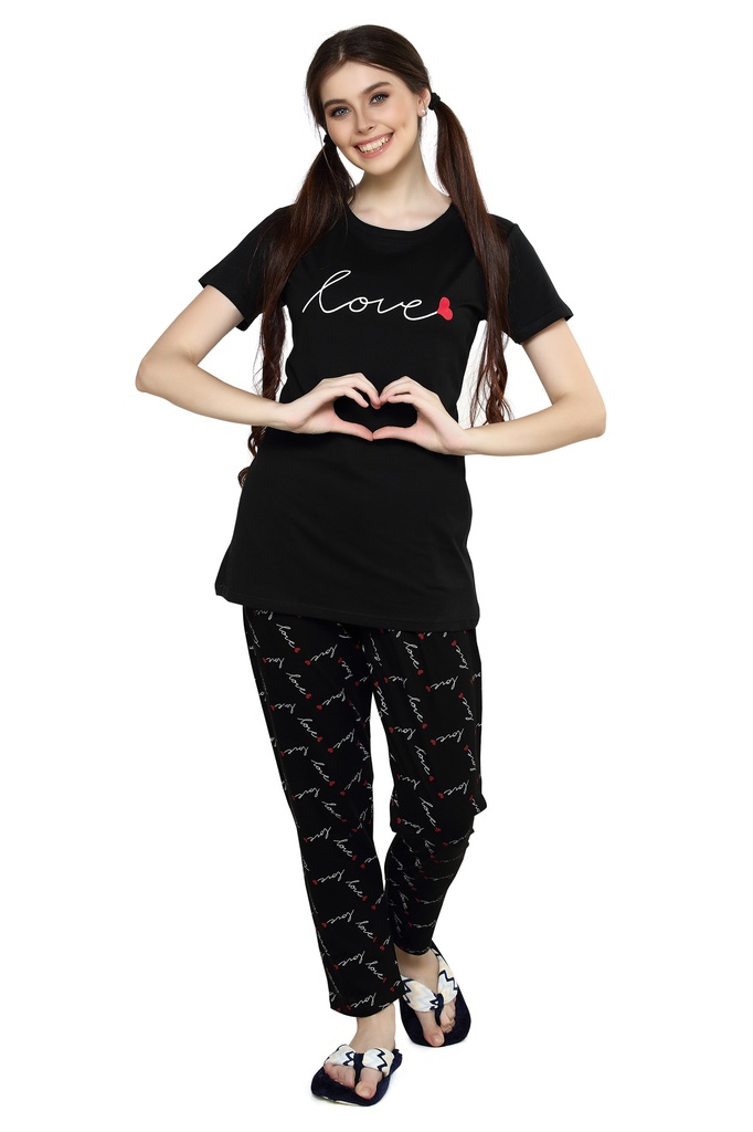 Evolove Women's Cotton love Print Night Suit (Colour Black-Black) Pajama set Get Free Eye Mask Inside