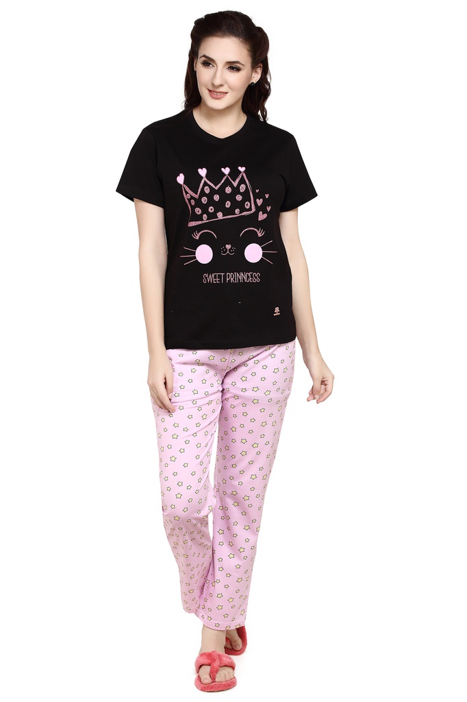 evolove Women's Hosiery Cotton Jet Black Round Neck Crown Printed (Pyjama set)  of any design (Jet Black