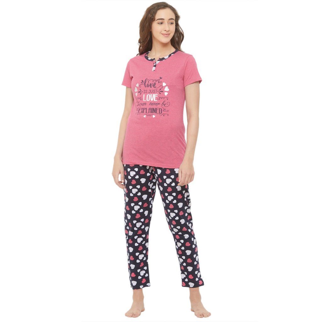 evolove Women's Placket Style Printed Night Suit Peach-Navy (Pajama set) Get Free Eye Mask Inside