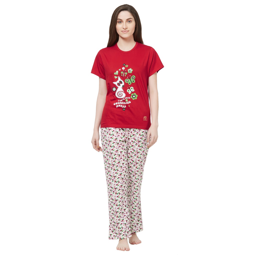 Evolove by pdpm Women's Hosiery cotton Half Sleeve T-shirt &amp; Printed  Pajama Set / Night suit / Lounge wear (Colour - Red &amp; Printed  White)