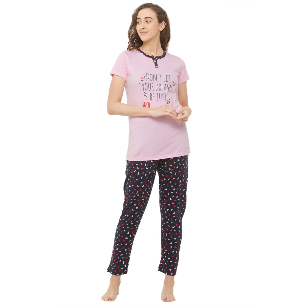 evolove Women's Placket Style Printed Night Suit Pink-Navy (Pajama set) Get Free Eye Mask Inside