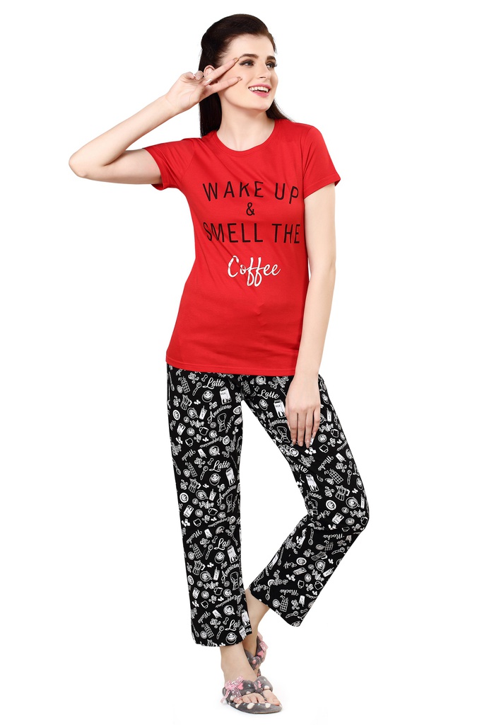 evolove Women's Knitted coffee print nightsuit (Pajama set) , Red