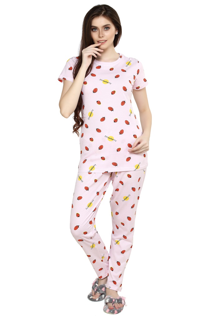 Evolove Women's Cotton Strawberry Print Night Suit (Colour Pink-White) Pajama set Get Free Eye Mask Inside