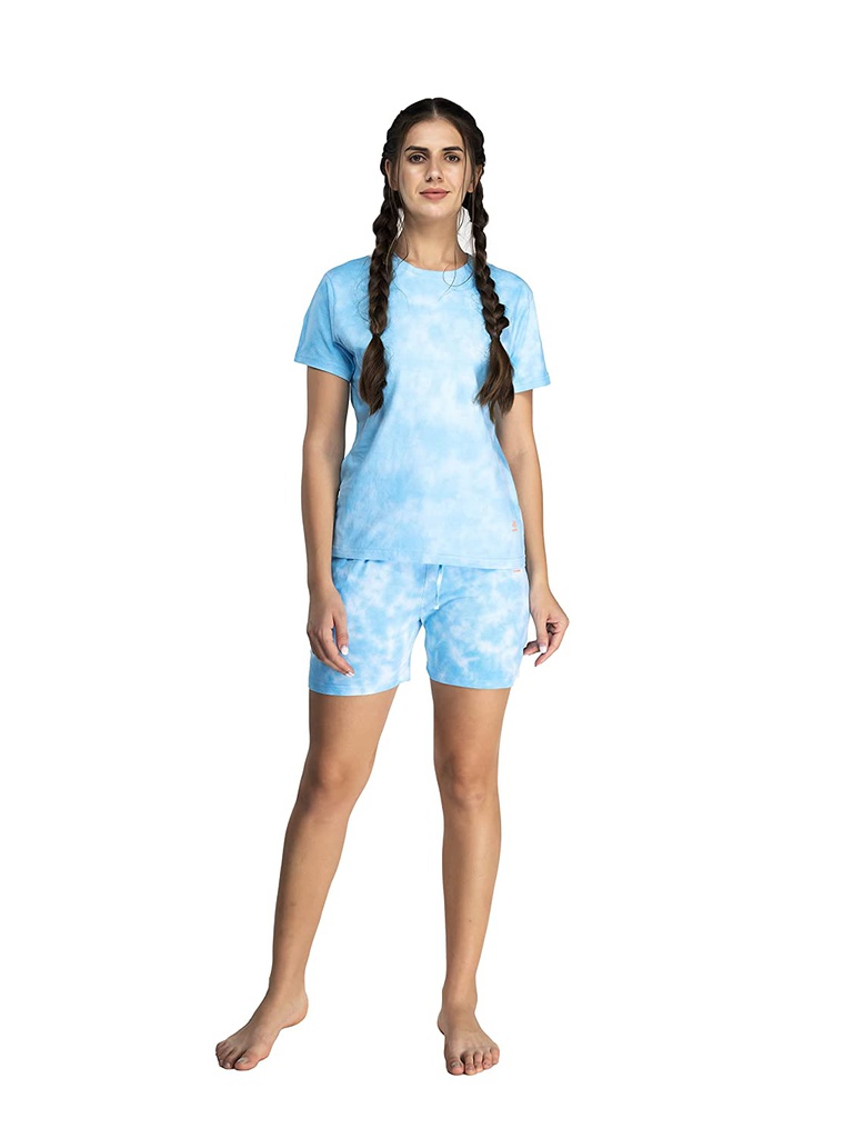 evolove 100% cotton Women's Ice Blue Hand tie nd die Shorts set (super soft ,loungewear ,our most comfortable ,trendy style ,hand crafted individually for you)