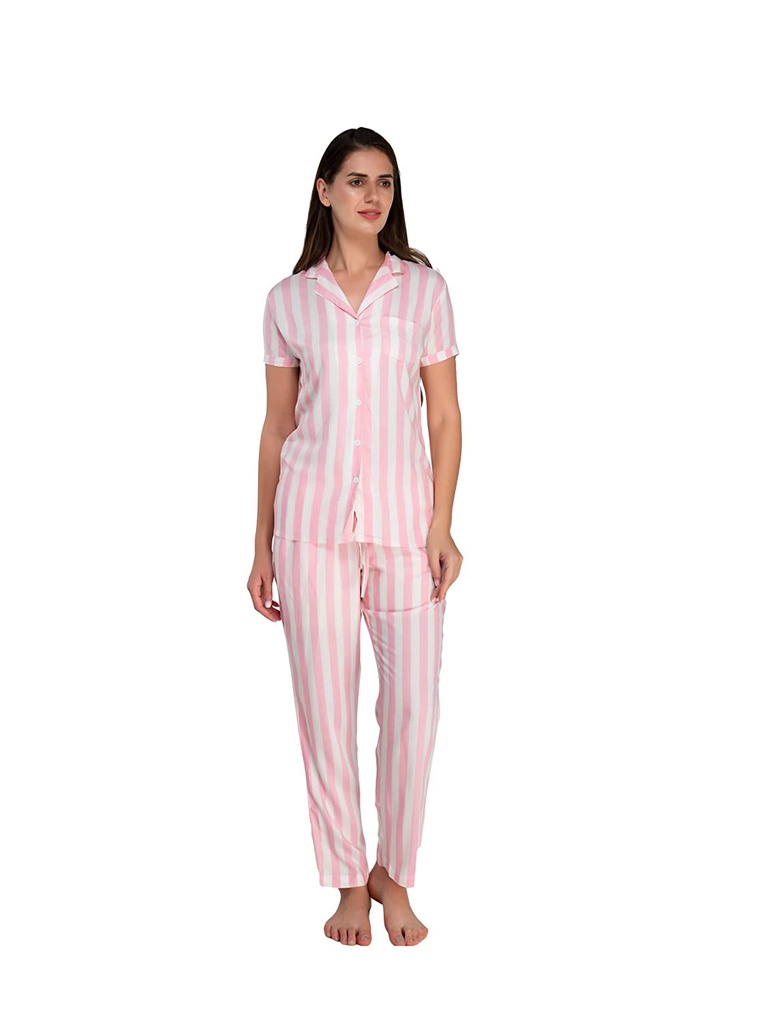 evolove Women's Viscose Liva Stripes Button Nightsuit ,Pajama Set ,Super soft Fabric ,Loungewear ,Trendy Stripes style ,our most comfortable