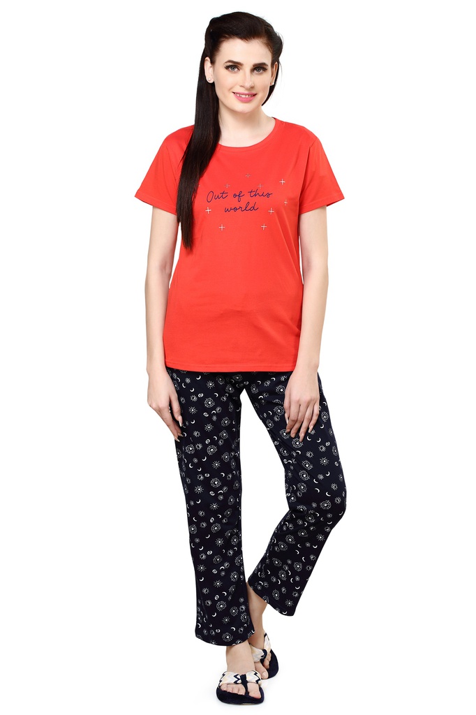 evolove Women's Knitted Galaxy print nightsuit (Pajama set) Get free eyemask inside, Coral, Size -XXL