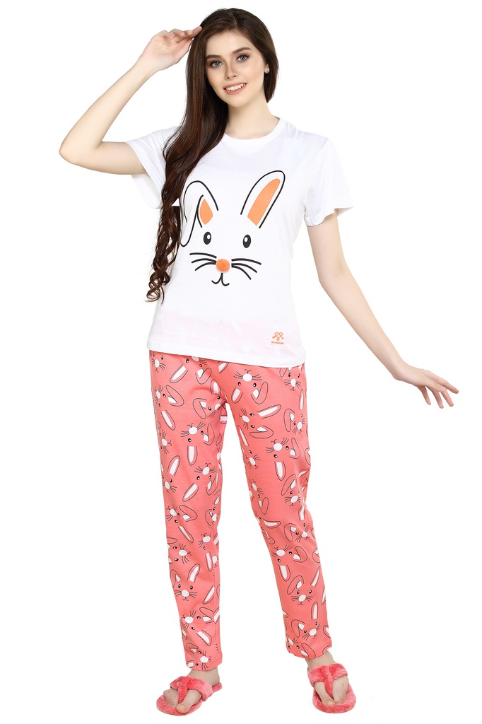 Evolove Women's Cotton Bunny Print Night Suit (Colour White-Peach) Pajama set Get Free Eye Mask Inside