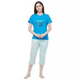 [NCSKN1151] Evolove by pdpm Women's Hosiery cotton Half Sleeve T-shirt &amp; Printed  Capri Set / Night suit / Lounge wear (Colour - Blue &amp; Printed  Light Blue)