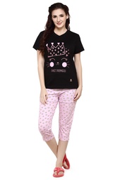 [NCSKN1385BK] evolove Women's Hosiery Cotton Jet Black Round Neck Crown Printed (Capri set)  of any design (Jet Black