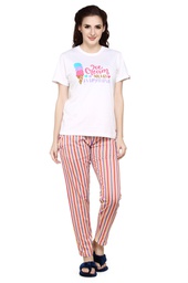 [NPSKN1422WE] evolove Peach Round neck Stripes &amp; Ice cream Print Women's (Pajama set) Night suit  of any design (White &amp; Peach