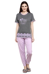 [NPSKN1460PE] evolove Light Purple Round neck Printed with lace Women's (Pajama set) Night suit  of any design (Light Purple