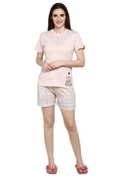 [NSSKN1459LPK] evolove Light Pink Round neck Checks Printed Women's (Shorts set) Night suit  of any design (Light Pink